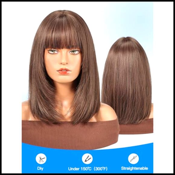 Synthetic Straight Wig with Bangs Mid-Length Layered Style Light Brown